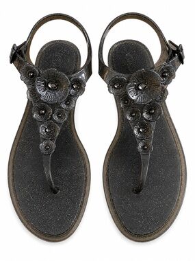 ☀️ Summer Blowout -Coach Glitter Jelly Sandals with Floral Accent Black Size 7